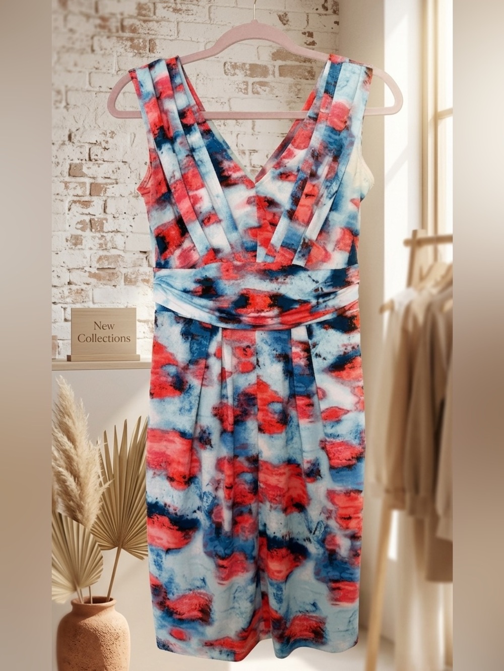 Simply Vera Vera Wang Blue & Coral Abstract V-Neck Midi Dress